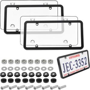 2 PCS Clear License Plate Cover & Frame, Anti-Scratch Weather-Resistant License Protector Holder, Universal Car Exterior Accessories Fit for US Standard Plates with Screws Caps & Washers,Black, 12.5 x 6.5 Inch