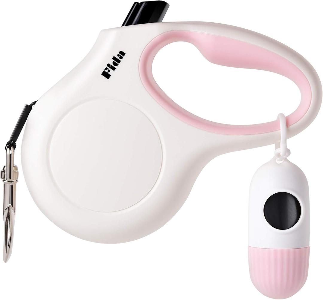 Fida Retractable Dog Leash with Dispenser and Poop Bags, 16 ft Pet Walking Leash for Large Dog up to 110 lbs, Anti-Slip Handle, Tangle Free, Reflective Nylon Tape (L, White) (Large, 16ft)