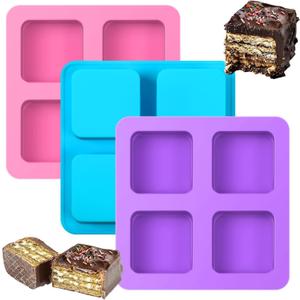 4 Cavity Chocolate Covered Cookie S'mores Molds, 3Pcs Silicone Square Molds Reusable Non Stick Silicone Trays for Smores, Chocolate, Graham Crackers, Candy, Marshmallow Making