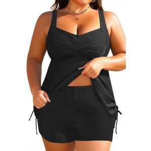 Aqua Eve Women Plus Size Tankini Swimsuit Two Piece Flowy Swimdress Bathing Suits with Shorts (Black, 26W)