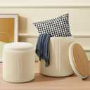 Beige Ottoman with Storage Set of 2, Upholstered Velvet Vanity Stool, Comfy Round Makeup Vanity Stools, Large Storage Ottoman Foot Rest, Pouf Seat for Living Room/Bedroom