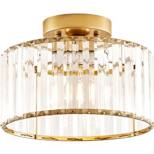 Crystal Gold Semi Flush Mount Ceiling Light Modern Hallway Light Fixture Metal Close to Ceiling Lamp for Kitchen Living Room Bathroom Entryway Bedroom(10.63 inch) (27CM)