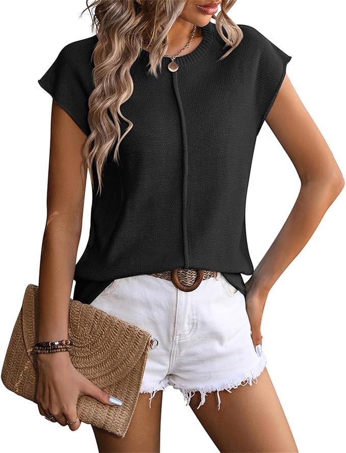 Women's Summer Sweater Vest Cap Sleeve Crew Neck Casual Loose Fit Knit Lightweight Pullover Tank Top for Spring Summer (Large, Black)