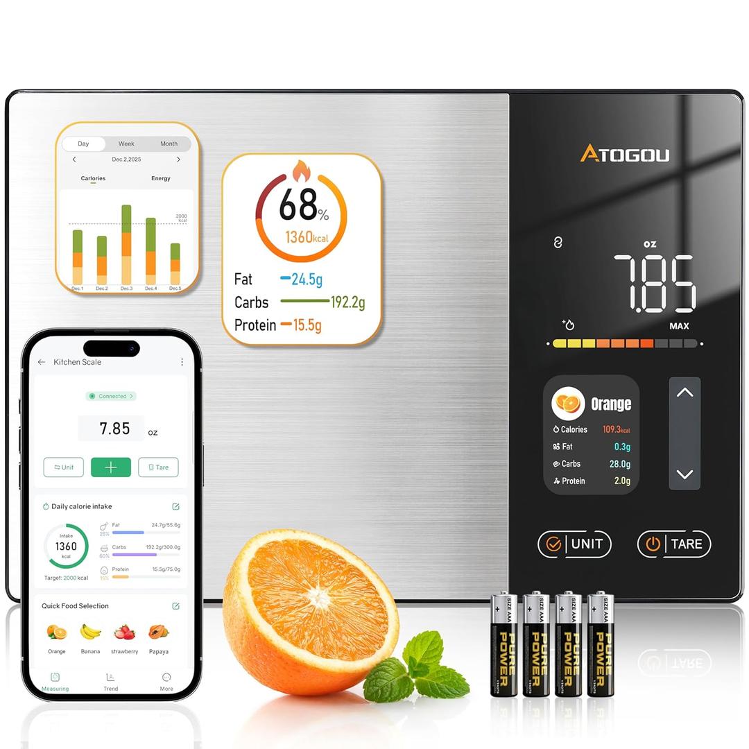 Atogou Smart Food Kitchen Scale with Nutrition Calculator, Color Display & Free App, Precise Portion Control, Calorie & Macro Tracking for Weight Loss & Meal Prep Grey