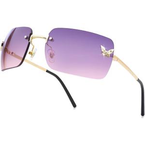 knliwkm Rimless Rectangle Y2k Sunglasses for Women Men Cute Small Clear Frameless Tinted Lens 2000S Fashion Shades Butterfly (Gold, Purple/ Pink)