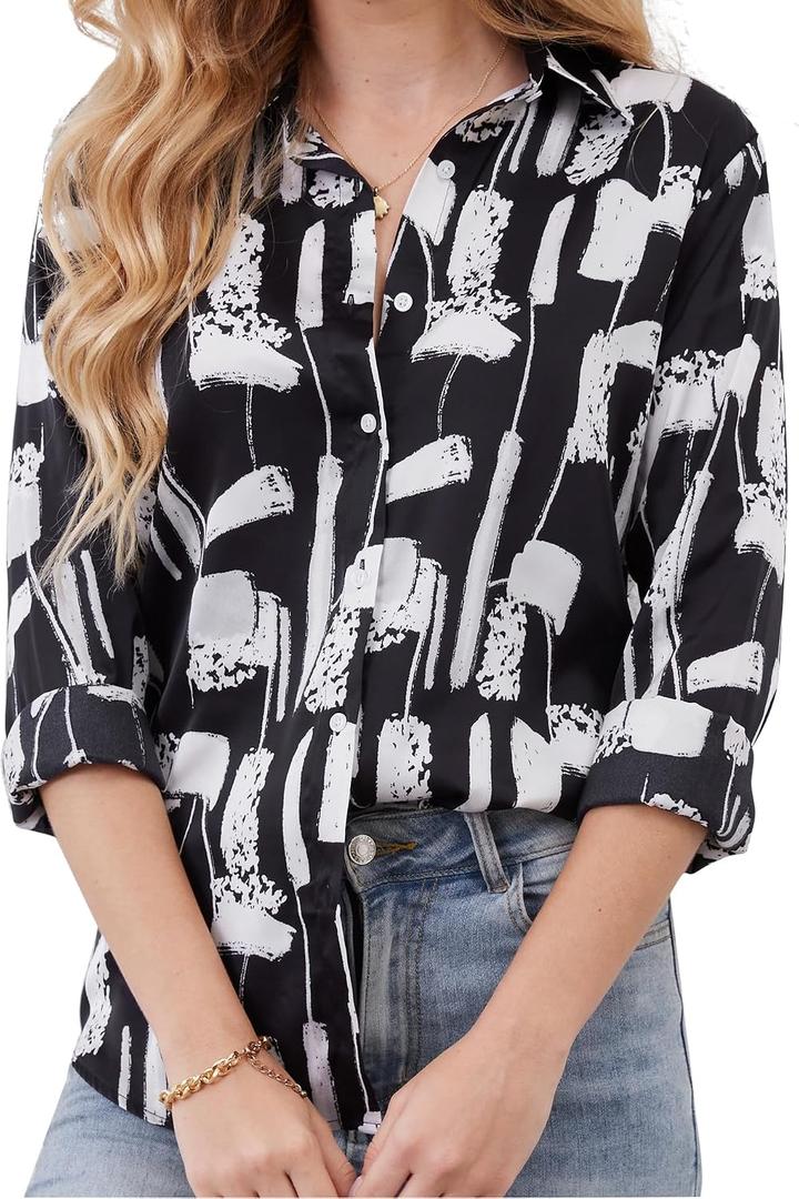 Wrinkle-Resistant Women Silky Button Down Shirts Fashion Printed Dressy Blouse Business Casual Long Sleeve Work Tops (Black, Medium)