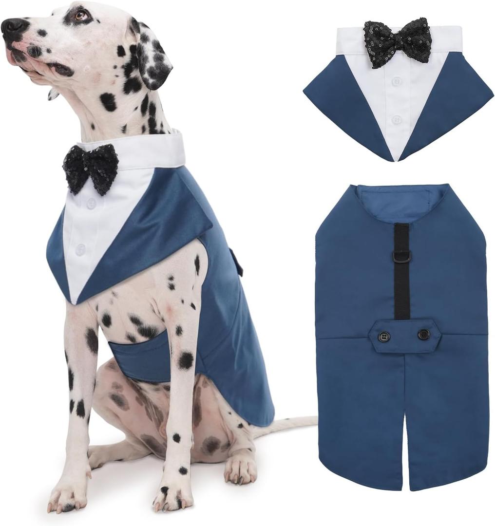 Kuoser Dog Tuxedo Dog Suit and Bandana Set, Dogs Tuxedo Wedding Party Suit, Doggy Prince Bow Tie Shirt Formal Pet Wedding Attire for Dogs Golden Retriever Samo Bulldogs, XXL