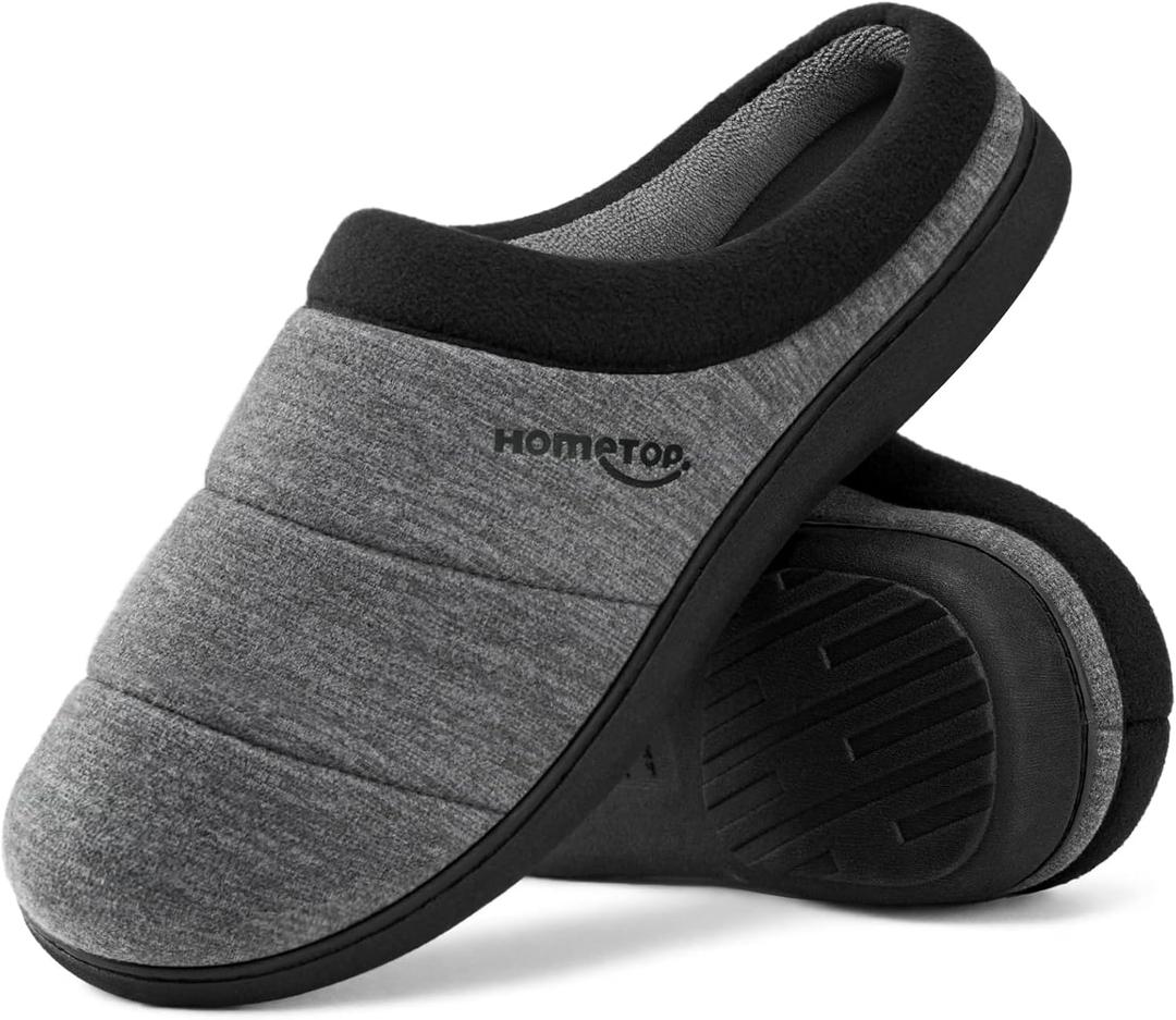HomeTop Men's Quilted Slippers Cozy Soft Non-Slip De Velvet Memory Foam House Shoes (9-10, Charcoal Gray)