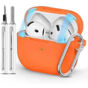 Ljusmicker for AirPods 4 Case 2024 with Cleaner Kit,Soft Silicone Protective Cover for Apple AirPods 4th Generation Cases for Women Men,for AirPod 4 Case Accessories with Keychain-Magnetic Orange