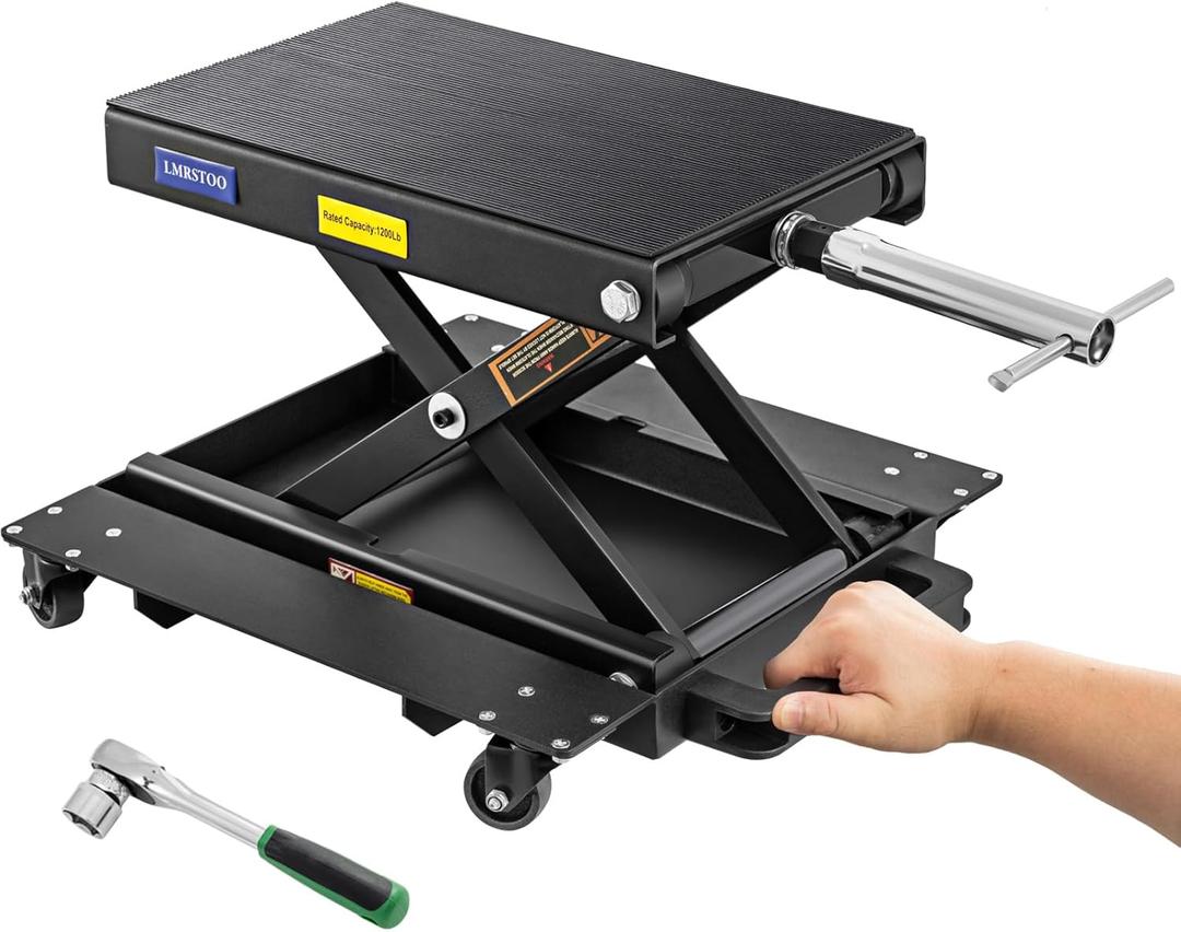 1200 LBS Motorcycle Jack with Dolly, Motorcycle Lift Stand for Dirt Bike ATV,Scissor Jack with Hand Crank Bikes Garage Repair Hoist Stand Ratchet Wrench