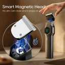 Beard Trimmer for Men, Magnetic Snap-on Replacement Heads & Charging Dock, IPX7 Waterproof Cordless Hair Clippers, Mens Grooming Kits for Mustache/Body/Face/Ear/Nose, Gray