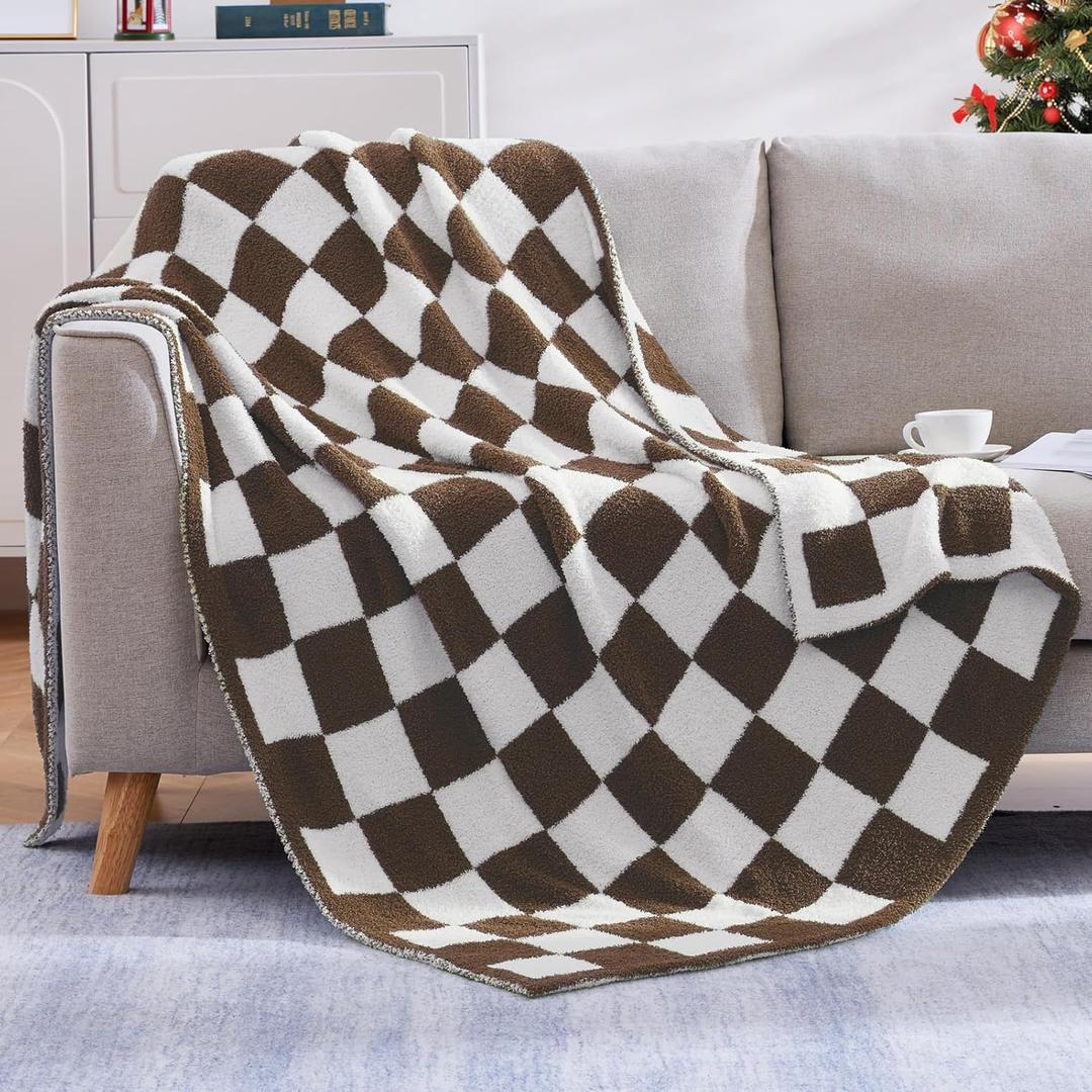 WRENSONGE Checkered Throw Blanket, Coffee Soft Cozy Fluffy Warm Hand Made Throw Blankets for Couch, Sofa, Chair, Bed, Camping, Picnic, Travel Lightweight Bed Blanket - 50"*70"