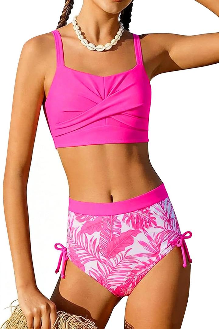 GRACE KARIN Girls Two Piece Bikini Hawaiian High Waist Swimsuit Set Teen Bathing Suit for Beach Pool Vacation Summer (16 Years, Hot Pink) 16 US