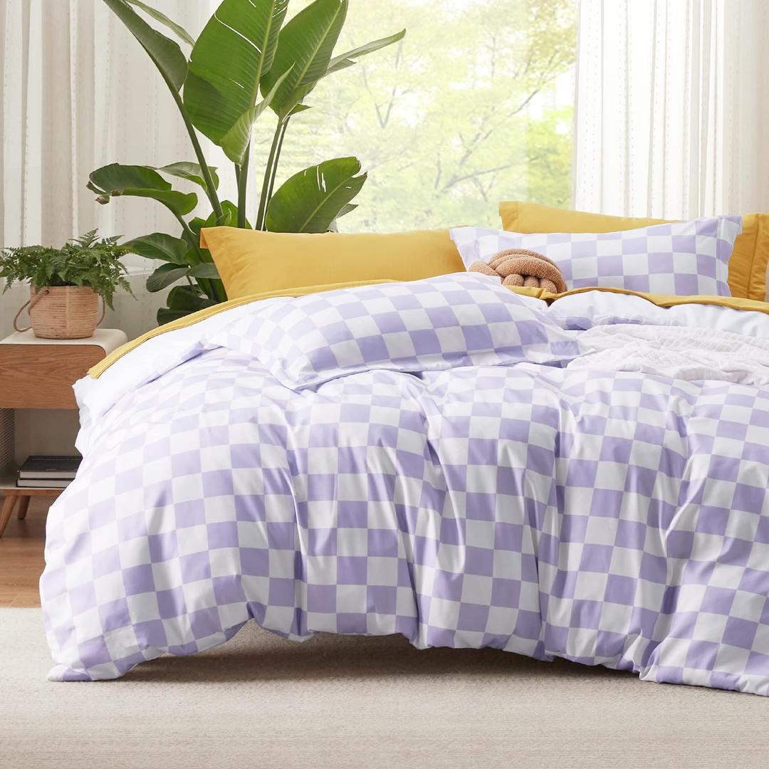 Bedsure Duvet Cover Queen Size - Reversible Checkered Duvet Cover Set with Zipper Closure, 3 Pieces Purple Bedding Set with 8 Corner Ties and 2 Pillow Shams 20"x26" 