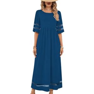 Womens Summer Dresses Casual Maxi Dresses Mesh 3/4 Sleeve Crewneck Smocked Elastic Waist Boho Beach Dress