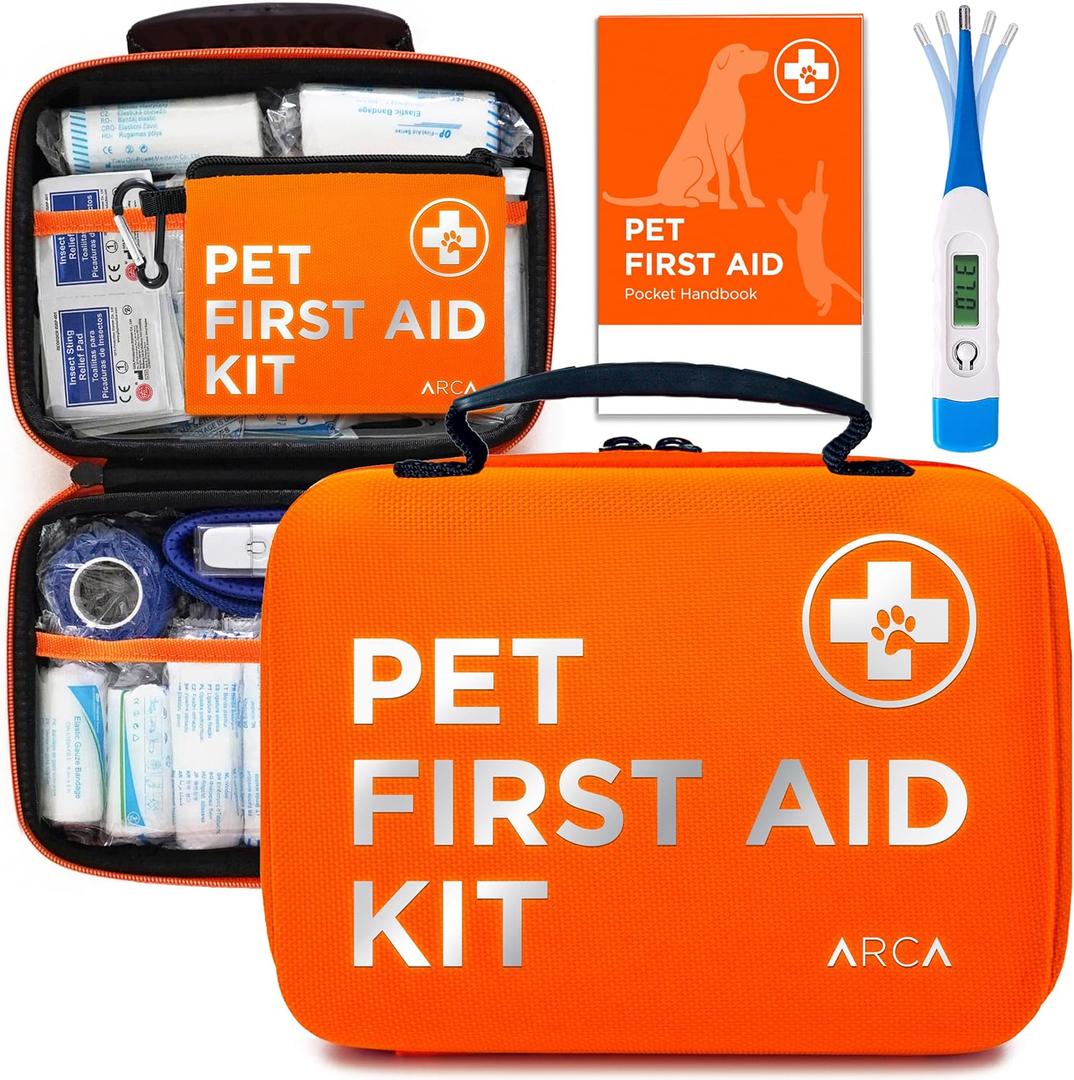 Cat & Dog First Aid Kit for Car - Pet Emergency Kit for Home Office Travel  Dog Camping Essentials with Digital Thermometer, Muzzle & Mini First Aid Pouch (Neon Orange)