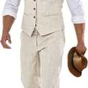 Furuyal Men Suit Casual Wedding Suits Linen Suits for Men 2 Piece Suits Groomsmen Tuxedos Summer Beach Prom Vest and Pants Set Beige-XL
