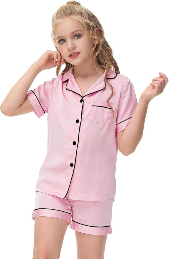 Veseacky Girl's Satin Pajamas Set Short Sleeve Button Sleep Shirt with Silky Shorts Set PJ for Teens (Pink,Size 12)