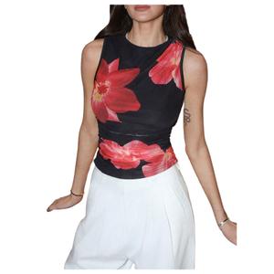Milumia Women's Floral Mesh Tank Top Y2k Ruched Going Out Tops Beach Vacation Clothes Black and Red X-Small