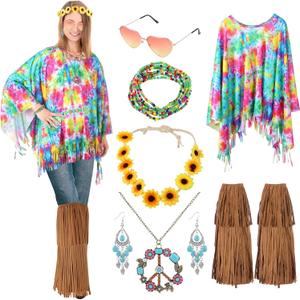 7 Pcs Women Hippie Costume Accessories, 60s 70s Costume Outfit Kit, Including Hippie Tie Dye Poncho, Fringe Boot Covers, Peace Sign Necklace, Turquoise Earrings, Sunglasses, Flower Headband