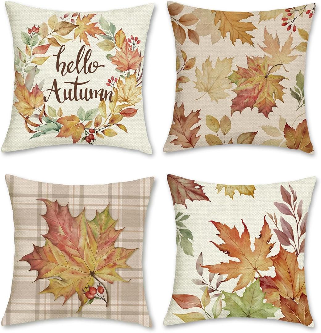 Bonhause Fall Throw Pillow Covers 18 x 18 Inch Hello Autumn Maple Leaves Wreath Plaid Decorative Pillow Cases for Couch Sofa Bed Home Hello Autumn Fall Decor Set of 4