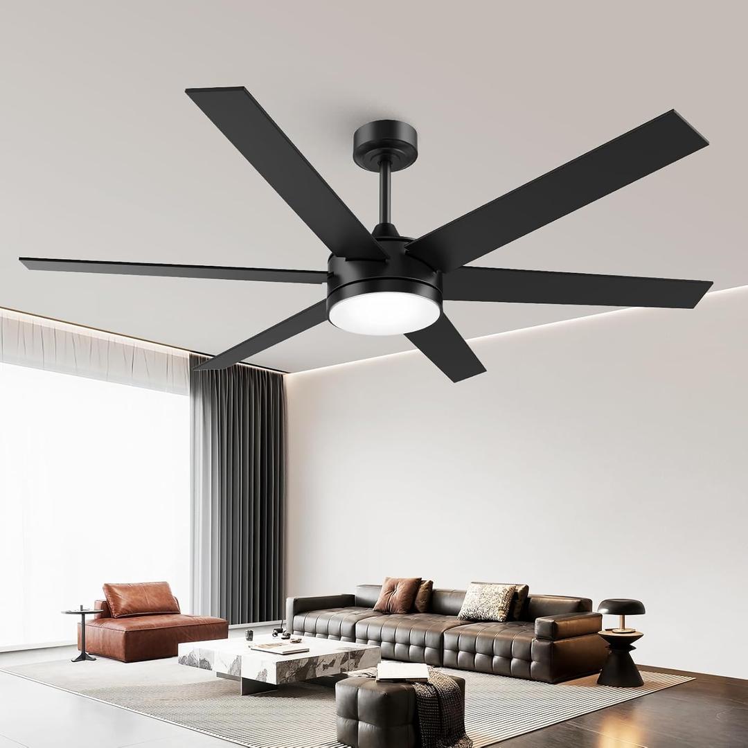 60 Inch Large Ceiling Fans with Lights and Remote, Indoor Outdoor Black Modern Ceiling Fan, 3CCT, Reversible DC Motor Dual-Sided Blades High CFM Ceiling Fan for Bedroom Living Room Patio Garage (60 inch, Matte Black-Dark Walnut)