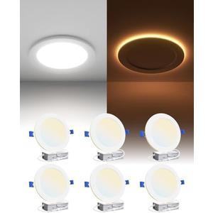 Ensenior Pack of 6 6 Inch LED Recessed Ceiling Light with Night Light, Dimmable, 2700K-5000K 5CCT, 1050LM 12W 120V, High Brightness Canless Wafer Downlight - FCC