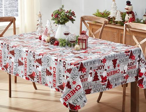 Newbridge Christmas Joy & Cheer Holiday Word Collage 60 x 102 Inch Rectangle Vinyl Tablecloth with Flannel Backing – Red Plaid Trees, Santa & Snowflake Print Easy-Care Wipe Clean Table Cover