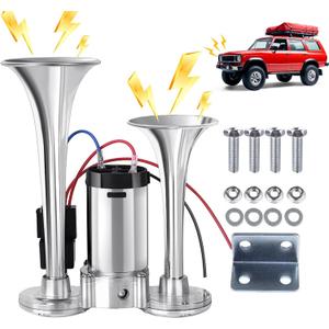 12V 600DB Air Horn Super Loud Train Horn for Truck, Dual Trumpets Kit with Air Compressor, Car Accessories Universal for Car, SUV, Motorcycle, Truck, Lorries, Boat, Gift for Men, Him (Silvery)