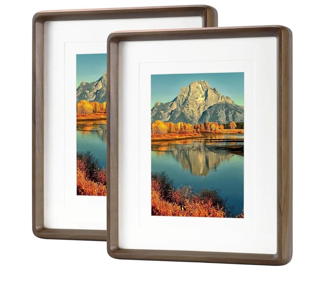 FRUMENSHIP 8x11 Wooden Picture Frame Set of 2, Display Pictures 6x10 with Mat or 8x11 Without Mat, Horizontal or Vertical Desktop Decor, Solid Wood Photo Frame (Black Walnut Color)