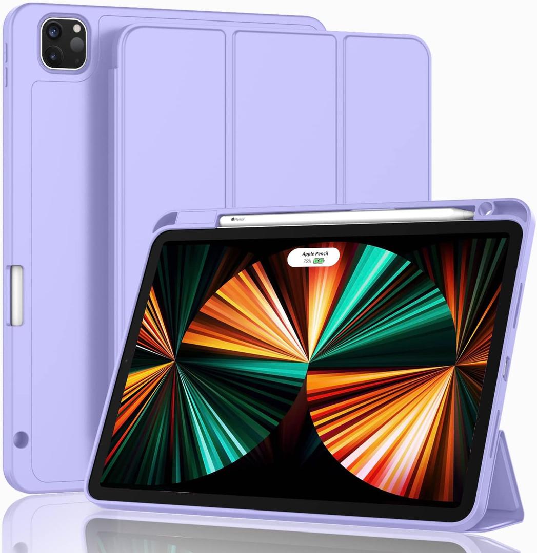 ZryXal New iPad Pro 12.9 Inch Case 2022/2021/2020(6th/5th/4th Gen) with Pencil Holder,Smart iPad Case [Support Touch ID and Auto Wake/Sleep] with Auto 2nd Gen Pencil Charging (Light Purple)