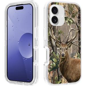 Designed for iPhone 17 Case, Heavy Duty 3 in 1 Hybrid Hard PC & Soft Silicone Shockproof Drop Transparent Protection Case for iPhone 17 2025 6.3", Jungle Camo Deer