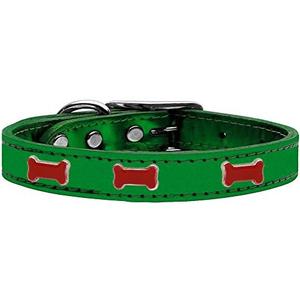 Mirage Pet Products Bone Widget Genuine Metallic Leather Dog Collar, Size 16, Emerald Green/Red