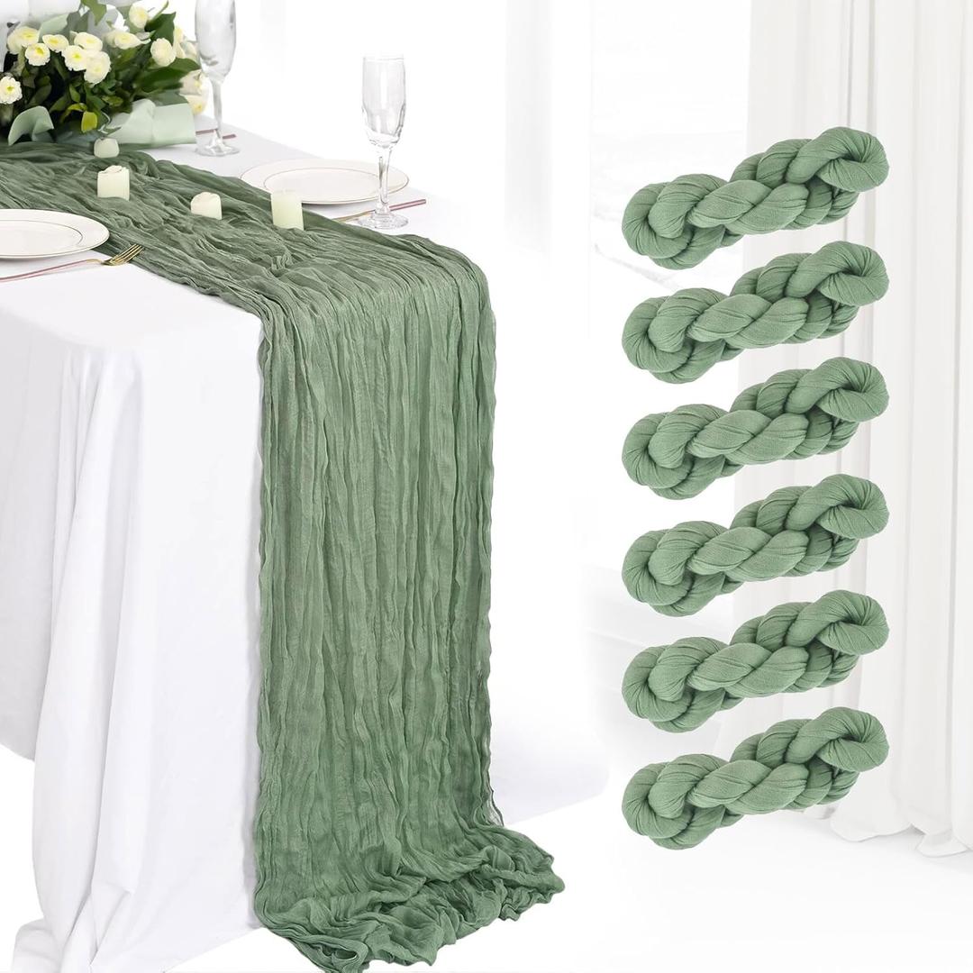 6 Pack Cheesecloth Table Runner 10Ft Boho Gauze Long Rustic Sheer for Wedding, Bridal Baby Shower, Birthday Party, Cake Table, Arbor Decorations (Sage Green) (6 Pack 35" x 120")