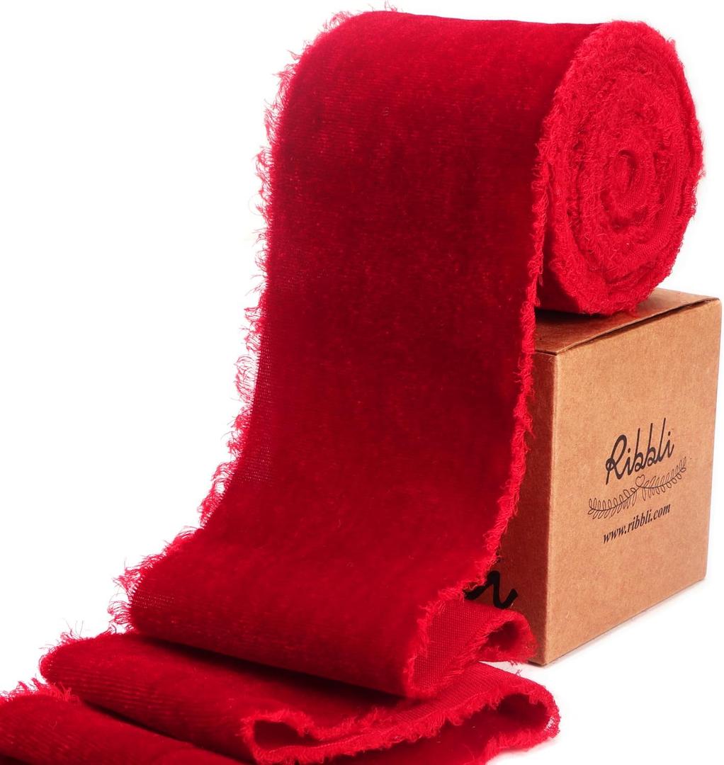 Ribbli Red Velvet Ribbon 3 Inch Handmade Frayed Vintage Christmas Ribbon for Gift Wrapping Christmas Tree Ornament Wreath Craft Home Decor -3 Yards