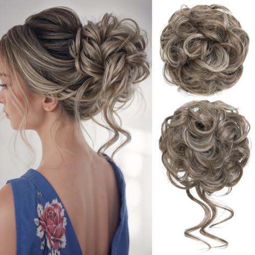 CJL HAIR 2PCS Messy Bun Hair Pieces Wavy Curly Synthetic Updo Chignon Fake Scrunchies Ponytail Extension for Women Middle Grey