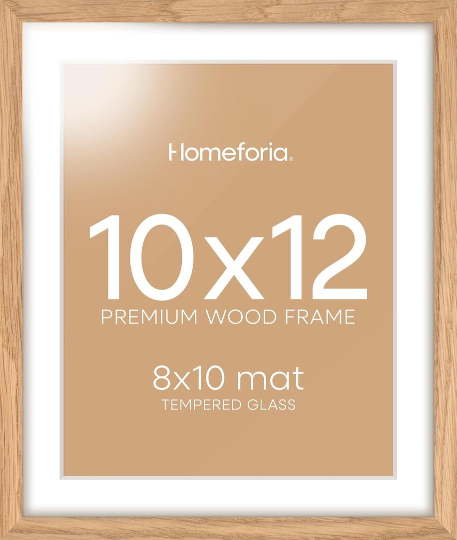 Homeforia 10x12 Picture Frame Wood, High End Natural Oak 10x12 Light Wooden Poster Frames with Mat 8x10, 10 x 12 Frames Matted to 8 x 10 Photo, 12x10 Hanging Frames, Tempered Glass, Wall Kit, Set of 1