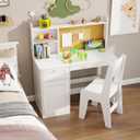 Kids Study Desk with Chair, Kids Desk Chair Set for 5-12 Years Old, Children Wooden Study Table with Hutch & Storage Cabinet, Student Writing Table Computer Workstation for Girls and Boys, White