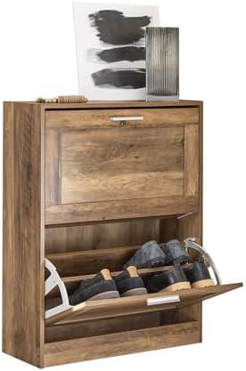 Haotian Brown Shoe Storage Cabinet Entryway, Slim Freestanding Shoe Rack 2 Flip-Drawers, Shoe Organizer for Hallway FSR137-F
