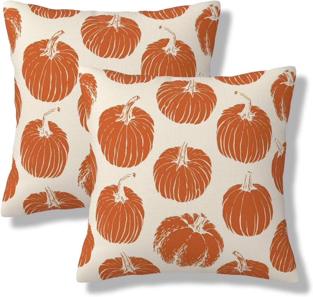 Orange Pumpkin Fall Throw Pillow Covers 18x18 Inch Set of 2 Autumn Themed Thanksgiving Harvest Print Square Decorative Pillowcases Orange Cushion Cover for Sofa Couch