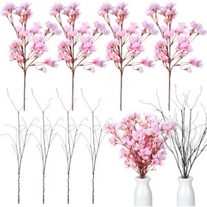 8 Pcs Artificial Cherry Blossom Branches Decor 15.7 Inch Artificial Cherry Flowers 4 Lifelike Curly Willow Branches for Home Indoor Decoration Vase DIY Wedding Table Centerpiece Decors Pink