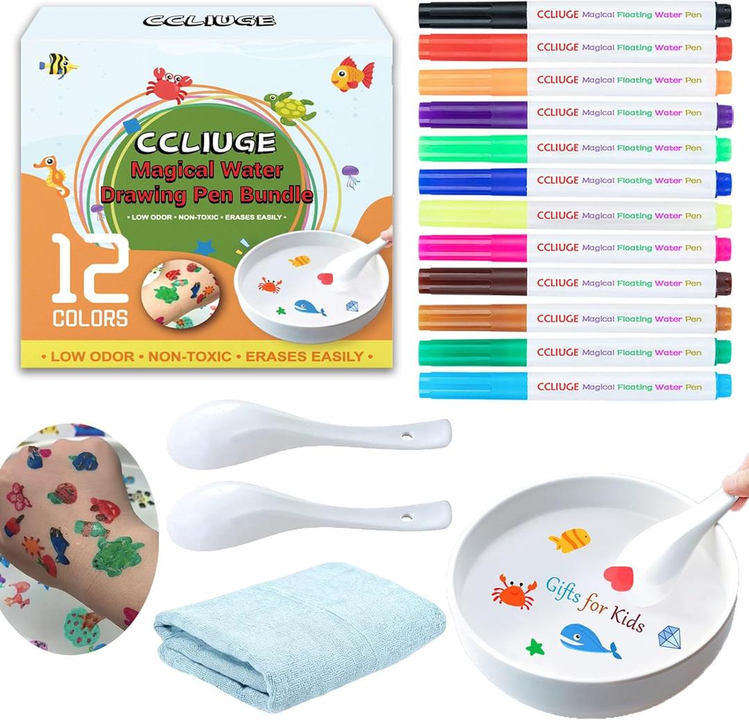 Kiddies Create Magical Floating Drawings Bundle, 12 Colors Magic Drawing Pens for Kids Water, Magical Water Painting Pen Set with Spoons & Towel, Water Art Markers for Tattoo, Gifts for Boys & Girls