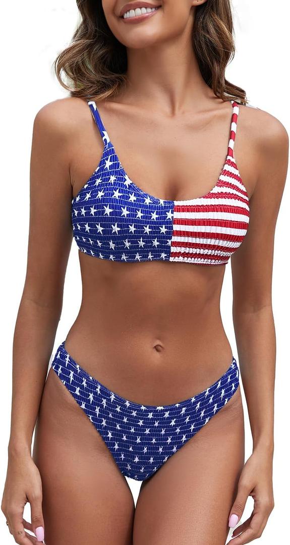 Fanuerg Women's Ribbed Bikini Sets Scoop Neck Cheeky Swimsuit Textured Two Piece Bathing Suit, XS