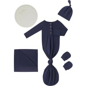 Newborn Baby Swaddle Blanket Set with Baby Knotted Gown, Mittens, Hat - Bamboo Viscose Receiving Blanket Bundle (Navy)