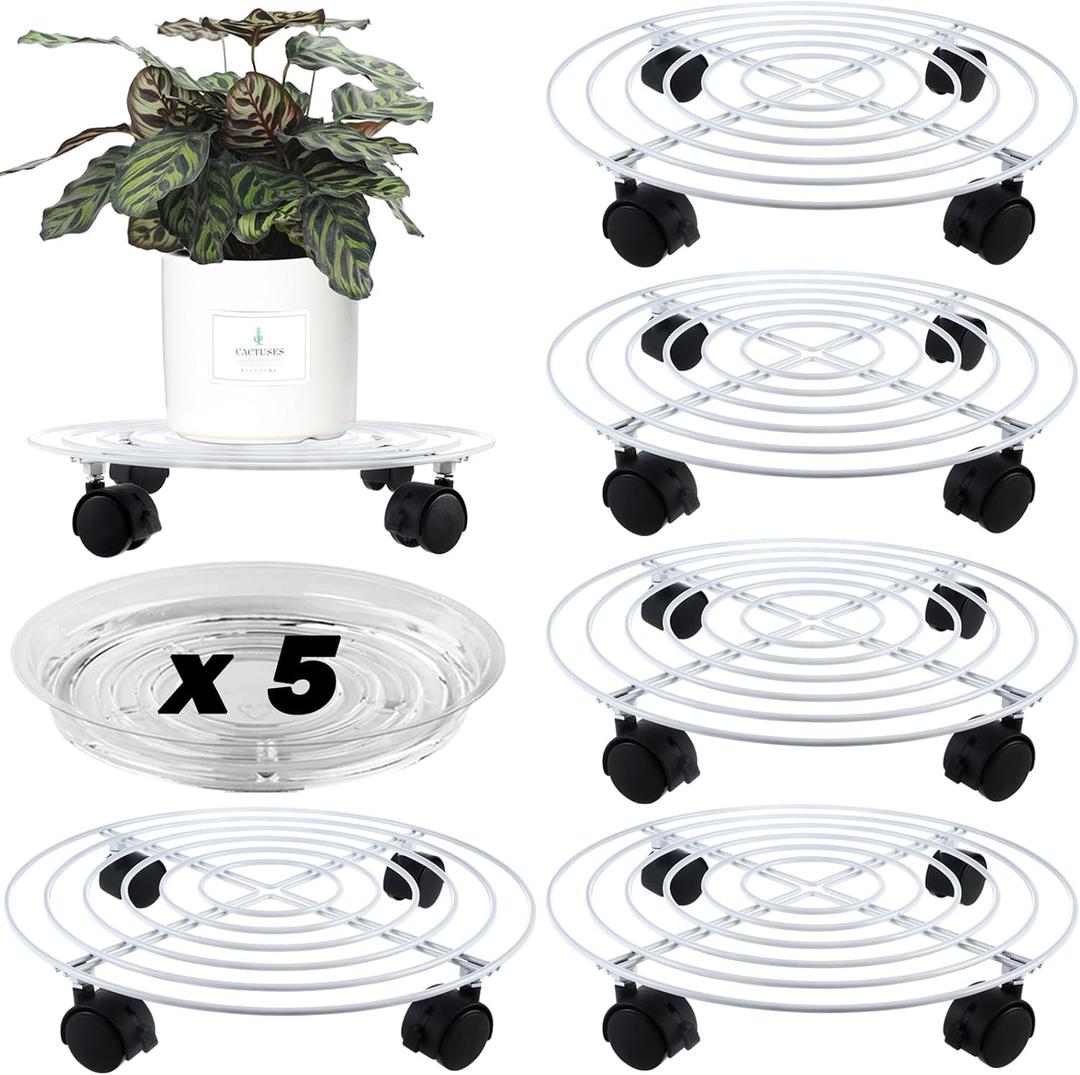 5 Packs Metal Plant Caddy with Locking Wheels 11.8 Inches Heavy-duty Wrought Iron Rolling Plant Stands with Casters Plant Dolly Plant Roller Base for Indoor and Outdoor Plant Pot Movers Saucers White