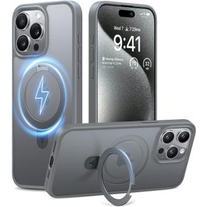 TORRAS Magnetic Ostand for iPhone 15 Pro Max Case, [Military Grade Drop Tested][Compatible with MagSafe][Build in Kickstand] Translucent Hard Back Anti-Fingerprint 6.7" 2023, Natural Titanium Grey