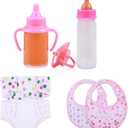 CARANOVO Baby Doll Accessories Set 7 Pcs Feeding and Caring Set with Magic Disappearing Bottles, Pacifier, Diapers and Bibs Doll Pretend Play Gift for Kids