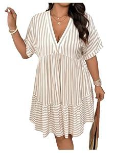WDIRARA Women's Plus Size Striped V Neck Tshirts Dress Summer Ruffle Hem Flowy A Line Short Dresses Apricot X-Large Plus