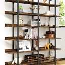 Bookshelf, 82.7" Double Wide 6 Tier Industrial Wooden Bookcase Large Wall Etagere Rustic Vintage Tall Book Shelf with Metal Frame Open Storage Rack for Living Room Home Office