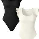 OQQ Women 2 Piece Bodysuits Sexy Ribbed Square Neck Ruffles Sleeve Stretch Fit Basic Tank Tops Bodysuits (Medium, Black,beige)